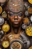 Placeholder: african portrait in rusted clocks, clock face, rust, scaffolding, ghana colours, cyberpunk, high detail