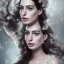 Placeholder: portrait only a wonderfull Anne Hathaway, viking fantasy, big curves, voluminous long black hair, snow flakes particles, 55 mm