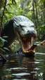 Placeholder: A giant Anaconda snake in the Amazon jungle swallowing a crocodile her mouth ,