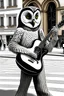 Placeholder: One single mature owl, playing guitar in the street , Vienna, friendly, sunny day, model style, hyper realistic, extremely accurate, delicate, extremely detailed, Graphic novel style, wide-angle, open aperture, superfine pencil