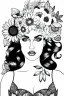 Placeholder: hyper detailed, black and white, thick line, coloring book illustration, lineart, stunningly beautiful woman in flowers