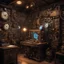 Placeholder: The room contains an ancient steampunk computer with a glowing screen displaying a silhouette of a cat decorated in steampunk style. The room is filled with various steampunk elements such as cogwheel clocks, vintage contraptions, aged wood, polished metal, and brass mechanical devices. The room is dramatically dimly lit by gas lamps, and there are old mysterious documents and blueprints on the desk and floor. There is colored stained glass window on the background with night lights behind it