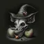 Placeholder: Realistic drawing of a Rat Skull with a Witch hat, Skull has ghost eyes and is eating from a poison apple.