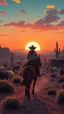 Placeholder: anime style, sunset, desert garden, a cowboy on his horse with cows on his bourse , cinematic view