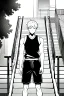 Placeholder: a boy in shorts sleeveless shirt climbs the stairs, greyscale