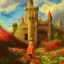 Placeholder:  Castle into sky, with flowers of fire. Green clouds and birds. Shy girl going out of the main gate. Detailed painting, sharp color, medieval, intricate detail, far sceen, realistic colors, medieval concept art. spring.