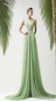 Placeholder: 1mannequin, pageant dress, dress inspired by fan palm, pan palm, beautiful, flowing, green, elegant, full body frame, full body, hd, ultra realistic, dress displayed in the mannequin, white background, aesthetic, pastel color, flowing