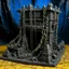 Placeholder: A black spongy fortress filled with chains designed in African pottery painted by Albrecht Durer