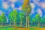 Placeholder: Futuristic buildings near tree zone, impressionism painting