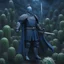 Placeholder: a heroic humanoid cactus without face, without hair, wearing a blue prussian officer uniform, sword in hand, background chaotic medieval battlefield with many soldiers, storm, dark sky,