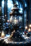 Placeholder: A beautiful hourglass decadent goth text portrait, in front of a snow covered christmas tree, christmas decadent goth metallic filigree ornamented hourglass embossed foral mineral stone ribbed christmas ornaments organic bio spinal ribbed detail of bokeh christmas lights background extremely detailed maximálist hyperrealistic concept art