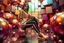 Placeholder: beautiful lady with todays modern clothing and sport shoes, in surreal stage made of fractal random size spheres with helical strip colors in clothing similar to environment full body posing to camera,animating background metallic random color cubes
