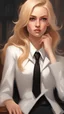 Placeholder: A beautiful young lady attorney with blonde hair, nice eyes, matte peach lips, in white shirt, black coat, black necktie, attorney gown, oil painting, concept art
