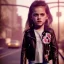 Placeholder: Riley keough toddler, full body, leather jacket, floral shirt, floral skirt, shoe, soft skin, city background, dramatic lighting, hyper realistic