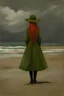 Placeholder: una mujer de perramus largo y verde, un sombrero verde y largo cabello rojo parada en una playa desierta en un dia nublado con un cielo de nubes negras pintura al oleo al estilos de Anne Packard