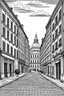 Placeholder: Via Margutta, Rome ,Line Drawing, A classic black-and-white line drawing style with intricate details and clean lines. The streets are depicted with precision, capturing the architectural diversity . The drawing will be realized as a traditional pen and ink illustration, with fine-tipped pens used for precise linework and shading