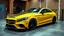 Placeholder: A tuned Mercedes-Benz CLS 550 Shark Yellow with black stripes parked in a luxury garage with a birch theme