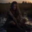 Placeholder: Beautiful female stringy dirty model partially covered with mud is sitting in the mud in a swampy moor, golden hour, an eerie apparition with a wolf appearing in the background, Highly detailed Portrait, 4k, 35mm, professional photography, natural light