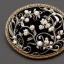 Placeholder: rose ivory brooch with black pearl inlay, opalescent marble carving, decorative design, classical ornament, highly ornate, highly intricate, highly detailed etching, marble carving, warm lighting