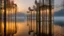 Placeholder: An architectural work on a misty lake at dawn, with vertical poles of weathered wood supporting inhabited cubicles encased in glass and glowing opalescent spheres, with autumn foliage reflecting in the water.
