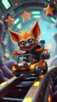 Placeholder: big ass space hairy hi tech alien cowboy gremlin orange laughing fox with glasses in tiny cart chair jumping round in space in a weird living space camper ship driving down weird twisted tube track in space station jungle, spell jammer, Pixar-inspired, expertly crafted in a whimsical and vibrant cartoon style. is masterfully rendered in a lifelike 3D design, which captivates viewers with there irresistible charm. The background is filled with warm, inviting colored stars and a 3D render