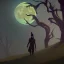 Placeholder: Werewolf, yellow crescent moon, old dead oak tree,bats flying