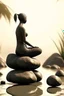 Placeholder: delicate background with spa stones and a bamboo stem, on a blurred background a silhouette of a girl sits on the stones, photorealistic photo