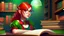 Placeholder: young elf woman, short shoulder length bright red hair, green eyes, freckles, shy, timid, nerdy, bookish, cute, natural beautiful, glasses, choker, skirt, spell caster, posing, resting over a desk, magic, library background, full body