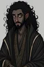 Placeholder: Black elf with pointy ears and black long curly hair with a beard and dark grey eyes wearing a zen monk robe