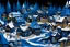 Placeholder: A dark blue snow covered Christmas themed Viking village designed in Japanese origami painted by Edvard Munch