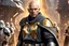 Placeholder: star wars bald male corellian jedi pilot wearing black and gunmetal grey old republic armored robes with gold trim, alone, battle-ready Jedi Master defending a ruined ancient city surrounded by golden light, centered head and shoulders portrait, hyperdetailed, dynamic lighting, hyperdetailed background, 8k resolution, volumetric lighting, light skin, fully symmetric details