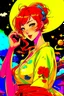 Placeholder: (Asian), short hair, fiery red hair hair, normal hands yukata, yellow clothes, 8k, best quality, winking, very dark night time, lighting from moon yellow moon, perfect, masterpiece, anime style, cartoon style,