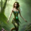 Placeholder: upper body of yohan diniz, fast walker, as a young cute feminine woman, short hair, green forest background, stream, mega flowers, tiny birds of many colors,peacock, sunlight