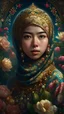 Placeholder: Beautiful face Indonesia hijaber Princess front view portrait, adorned with giant Jasmine, and lily flower ,roses , golden pearls , zafir gemstone headress, wearing floral, lace, pearls, zafirs ornate indonesia costume, organic bio spinal ribbed detail of Indonesia style full jasmin and rose and persian garden background by the moonlight extremely detailed hyperrealistic maximalist portrait art, 8k, UHD