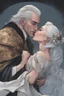 Placeholder: Strahd Von Zarovich being kissed by a beautiful woman with white hair, wearing an off the shoulder dress. Settling and background are a lavish toomb with an ebony coffin.