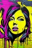 Placeholder: Graffiti background on a brick wall, black, yellow, purple, pink. girl