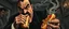Placeholder: mean looking mafia thug with mustache eating a two hot dogs while fighting on the style of Escher