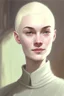 Placeholder: full colour drawing, portrait, 22-year old friendly slender female human cleric, shaved head, blonde eyebrows, grey eyes