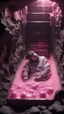 Placeholder: full body portrait of soap star sleeping in a sarcophagus filled with calm transparent pink embalming liquid inside coal mine shaft,bokeh like f/0.8, tilt-shift lens 8k, high detail, smooth render, down-light, unreal engine, prize winning