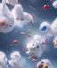 Placeholder: Ultra realistic speed clouds sky scene, wide angle view, childs falling down with many Childs background, rabbit head, circus dress style, feather color, free jumping flying, many trinkets, hair monster, many jelly beans, balls, color smoke, smile, happy, extreme, wind, clouds sea, 20,000 feet altitude, stratosphere, soft color, highly detailed, unreal engine 5, ray tracing, RTX, lumen lighting, ultra detail, volumetric lighting, 3d, finely drawn, high definition, high resolution.