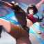 Placeholder: Clear focus,High resolution, Black short fluffy hair, long bangs, and pink eyes, Depressed girl, wearing a crop top sleevless, brown raggidy shorts, short black fingerless gloves, Concept art, Kicking pose, black long boots, fighting pose, Extreme Close up