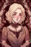 Placeholder: A cartoon character concept art. A blonde Victorian lady . Beautiful face. Dark muted earth tones. Flowers and vines in the background