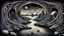 Placeholder: painted inner world with uncontrolled mind and neurodivergens soul, floating rocks over surreal cracked weird landscape . between two dark door one stone bridge over black river, . deep dark purple, gray, black, white, brown, malachit, cream color. Whimsical strange style of Chagall, of Quentin Blake and of Anton Semenov. No people in picture, weird absurd beauty nightmare, black shadow, in background neuronic network, surreal vibe,