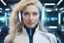 Placeholder: Blonde freundliche Frau in der Zukunft mit futuristischer Technik ausgestattet