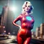 Placeholder: Realistic press image, retro sci-fi, portrait, waist up view, blonde woman, sweet Marylin Monroe face, perfect iris, glow eyes. tight latex tights suit. Retro Futuristic city, cars flying. epic style, vibrant color, highly detailed, unreal engine 5, ray tracing, RTX, lumen lighting, ultra detail, volumetric lighting, 3d, finely drawn, high definition, high resolution.