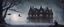 Placeholder: Hyper Realistic bats flying behind a huge dark mansion with owl sitting on dry old tree at a foggy snowfall night