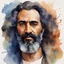 Placeholder: Create an art representation of sanaa mousa, the renowned artist and polymath, in a watercolor style. Capture his likeness with attention to detail, including his iconic beard, flowing hair, and enigmatic expression.