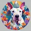 Placeholder: The image represents "dog bull terrier, big butterfly and flowers, in a circle", which is depicted as an abstract image with geometric shapes, such as squares and triangles, arranged in a harmonious image. The colors should be bright and vibrant using blue-green, red-orange, yellow and purple. The background should be neutral to bring out the colors. The overall impression is very minimalistic, modern and artistic.​