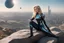 Placeholder: woman in an android-looking catsuit, with shoulder-length blond hair, sitting on a rock, sideways, with a planet behind her, a futuristic city on the horizon