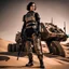 Placeholder: beautiful caucasian female soldier, black metal body and limbs, visible cybernetic limbs, scratched sand camo metal details, short brunette wavy bob haircut, dystopian, desert scene